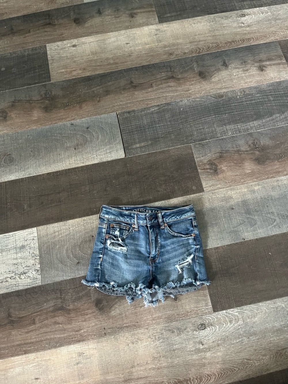 American Eagle Outfitters Distressed Blue Denim Shorts with Frayed Hem